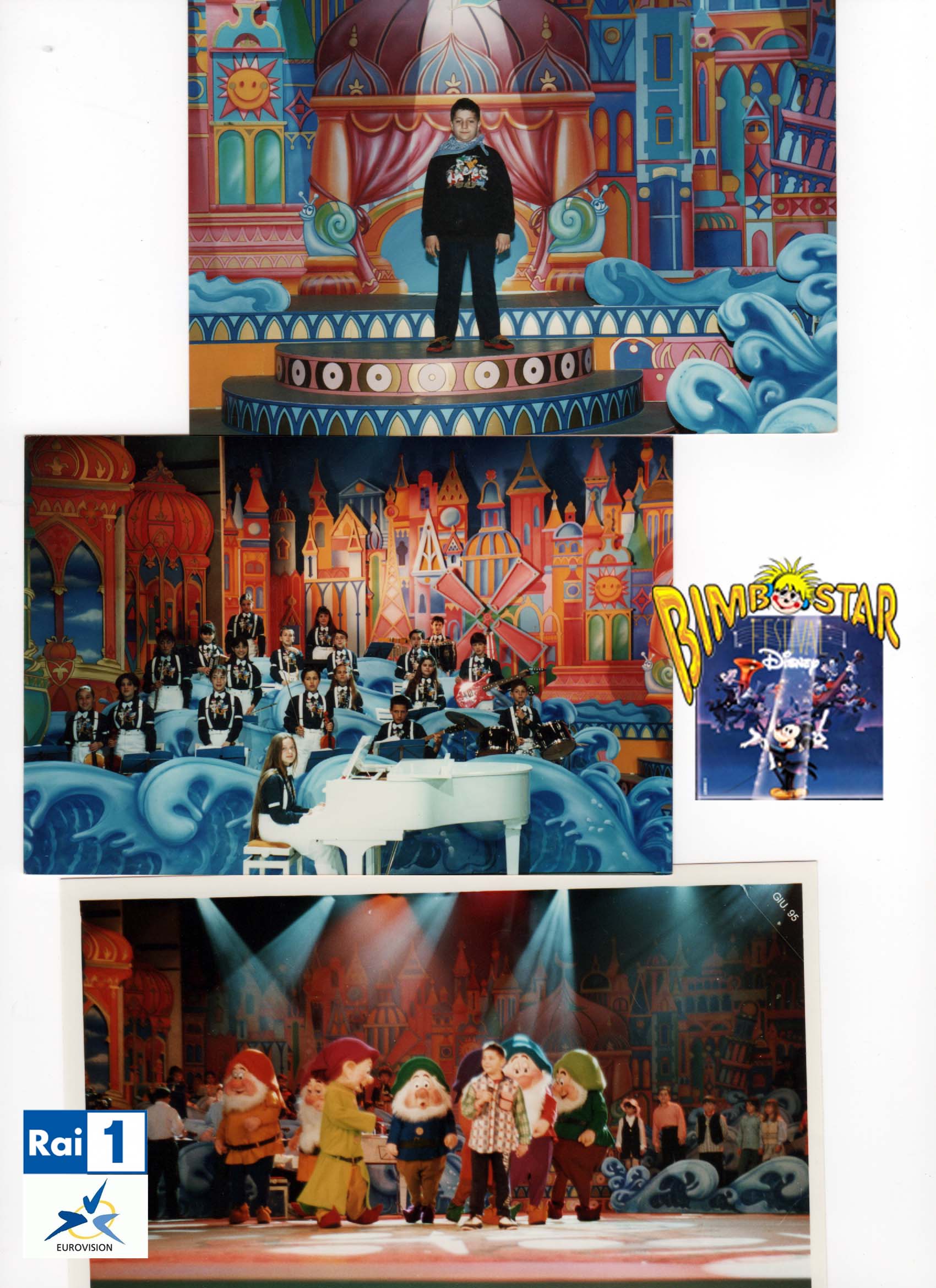 Pagina d’album con tre fotografie: un bambino sul palco, l’orchestra con pianoforte bianco e una scena con personaggi Disney in costume.