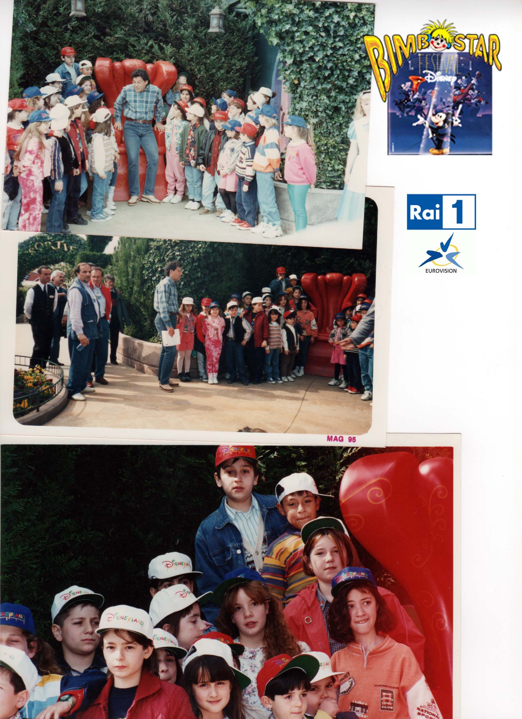 Pagina d’album con tre immagini all’aperto di bambini e adulti riuniti vicino a una grande seduta rossa sagomata a cuore.